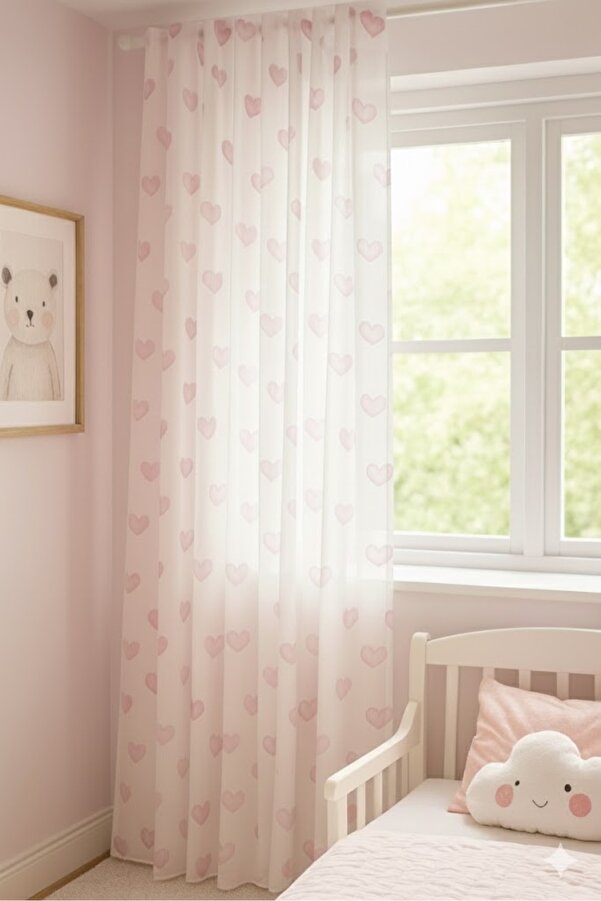 Perdenin Adresi Kalpli Desenli Bebek & Çocuk Odası Tül Perde – Pembe Renk Normal Pile