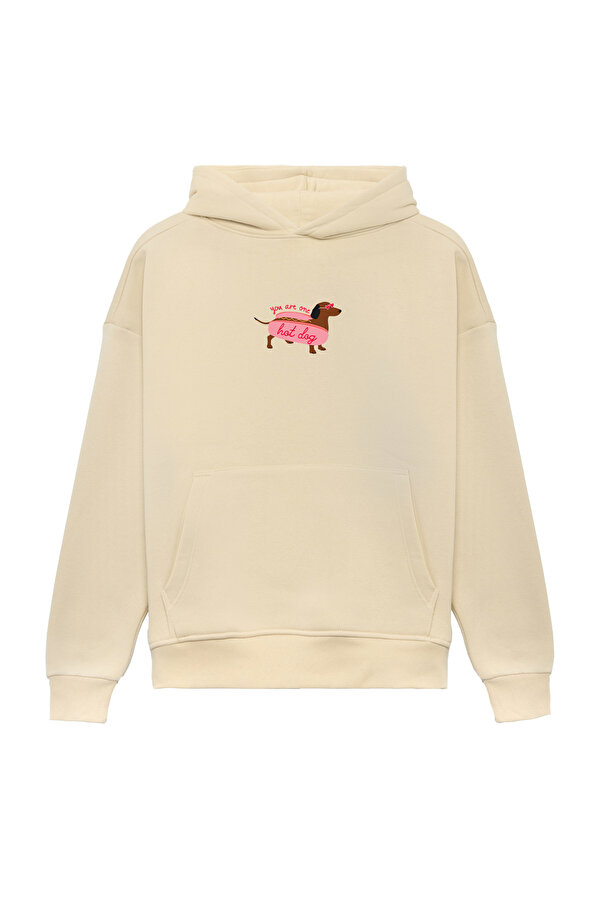 Unisex Hot Dog Baskılı Oversize Bol Kesim Pamuklu 3 İplik Şardonlu Bej Kapüşonlu Sweatshirt