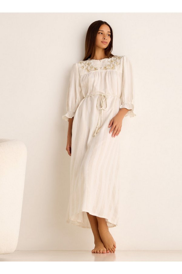 Splash FAV Long-Sleeved Maxi Night Gown with Embroidered Stripes