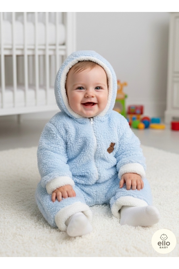 ELLO BABY Wellsoft Kışlık Peluş Kapüşonlu Bebek Tulumu (Mavi)