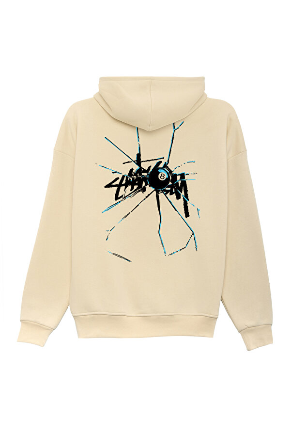 Unisex Kırık Cam Baskılı Oversize Bol Kesim Pamuklu 3 İplik Şardonlu Bej Kapüşonlu Sweatshirt