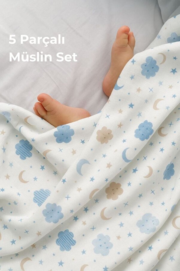 Banvela Handmade 5'li Müslin %100 Pamuk Organik Yenidoğan Bebek Battaniye Örtü Seti-Önlük,Mendil,Omuz Bezi,Fular
