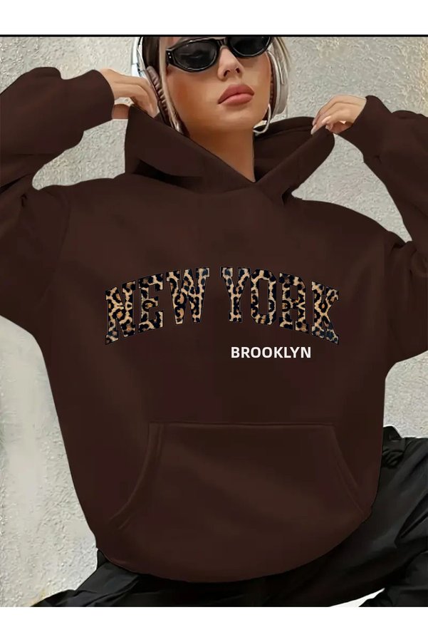 herkesemoda New York Summer Detail Printed Fleece Hooded Sweatshirt
