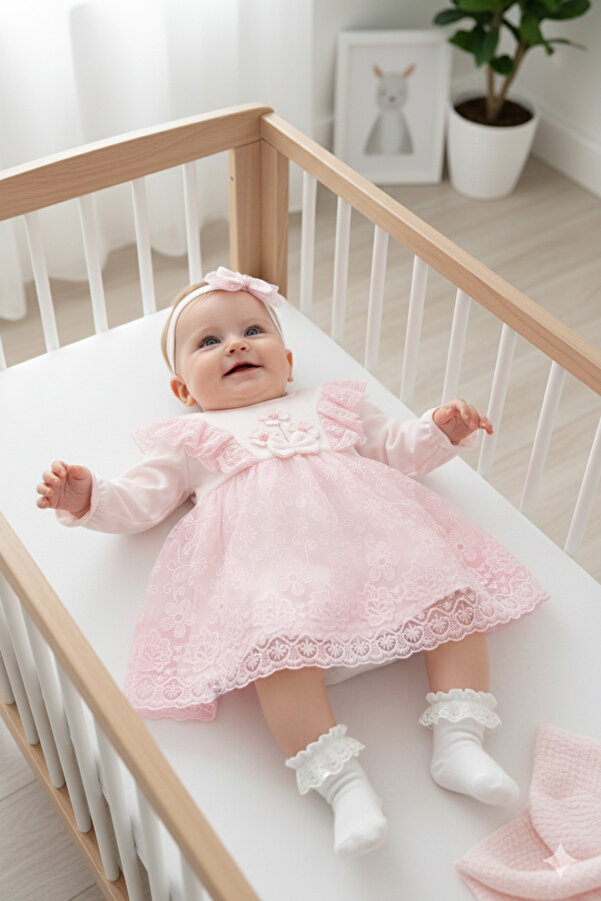 Miniday Baby Kız Bebek Mevlütlük Elbise Bandanalı Dantelli Yeni doğan Hastane çıkışı Gelinlik Abiye Mevlitlik 66