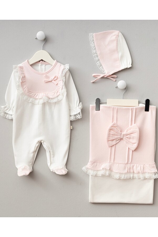 Mert Baby Bella 3'lü Organik Hastane Çıkış Seti Fiyonk Detaylı %100 Pamuk Yenidoğan Kız Bebek