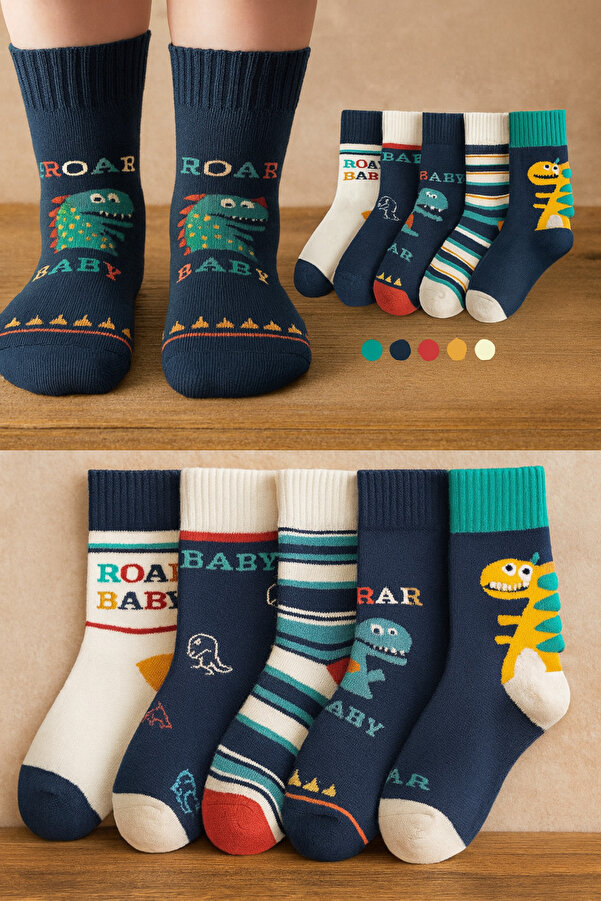 BGK 5 Çift Dinazor Desenli Çocuk Çorabı