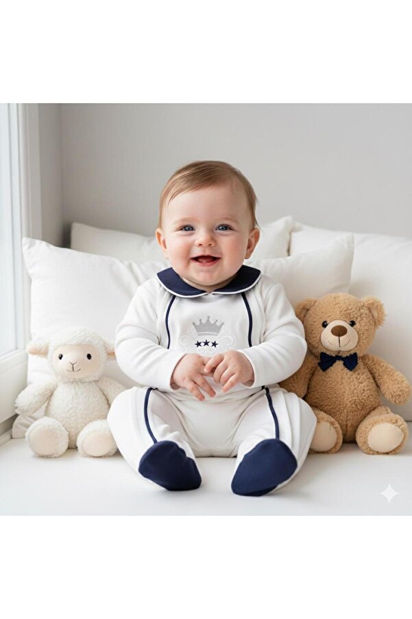 MİNİBORN Yeni Doğan Erkek Uzun Kollu Ekru Crown Of King Romper Tulum