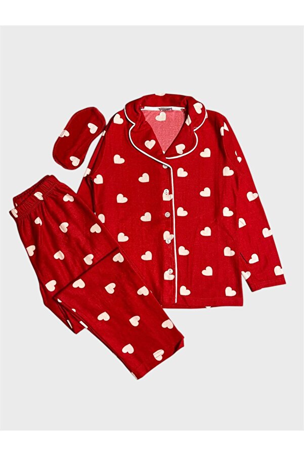 ALİŞ KİDS Kız Çocuk Pamuklu Süet Kırmızı Kalp Desenli Gömlek Yaka Uyku Bantlı Düğmeli Uzun Kollu Pijama Takımı