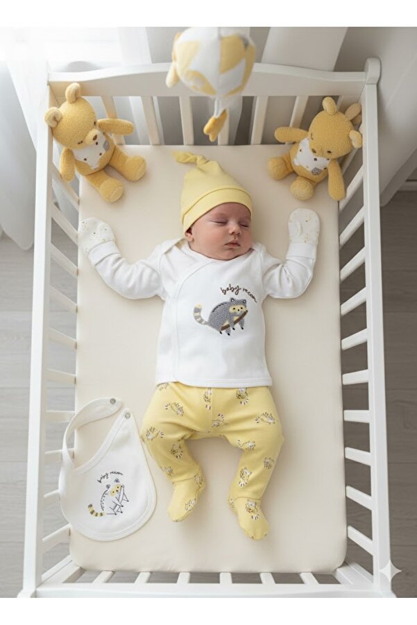Kids Kingdom %100 Pamuk Yenidoğan Animal Desenli Erkek Bebek 5li Hastane Çıkış Seti