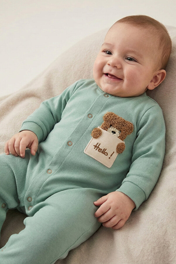 hobbe baby Ayıcık Nakışlı 3 - 24 Ay Bebek & Çocuk Pamuklu Tulum Unisex