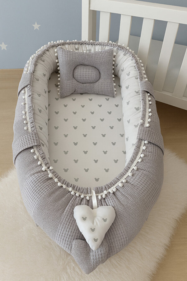 Jaju Baby Babynest Gri Waffle Pike Kumaş Micky Tasarım Ponponlu Nest