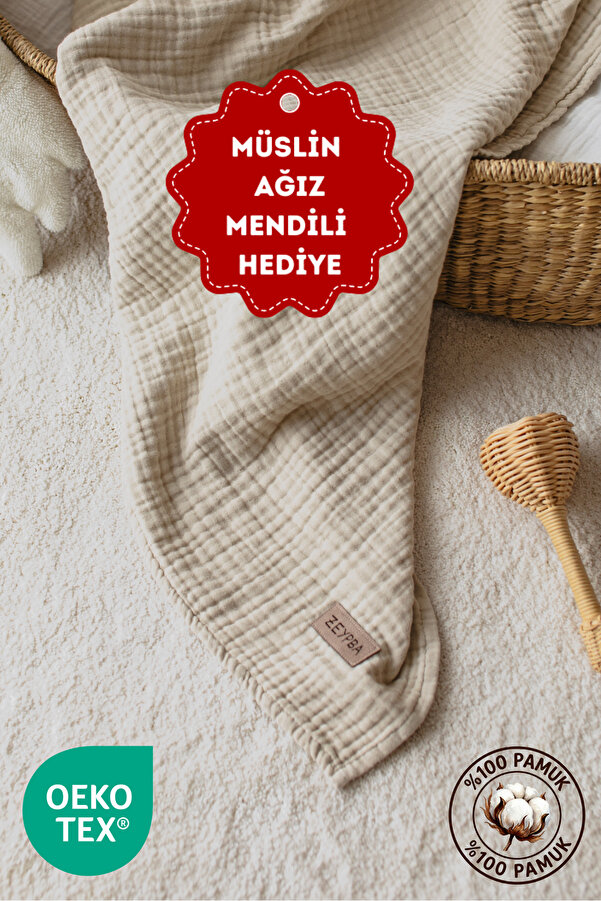 ZEYPBA %100 Pamuk 4 Katlı Müslin Örtü Kenar Dikişli Bej 90x100cm