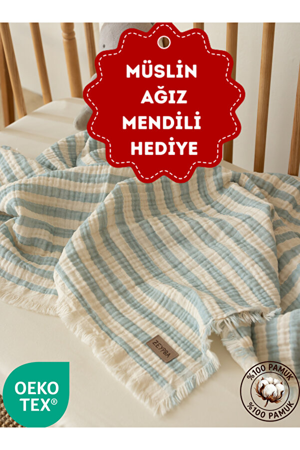 ZEYPBA Mavi Çizgili 4Kat Müslin Püsküllü 4 Katlı Müslin 110x110cm