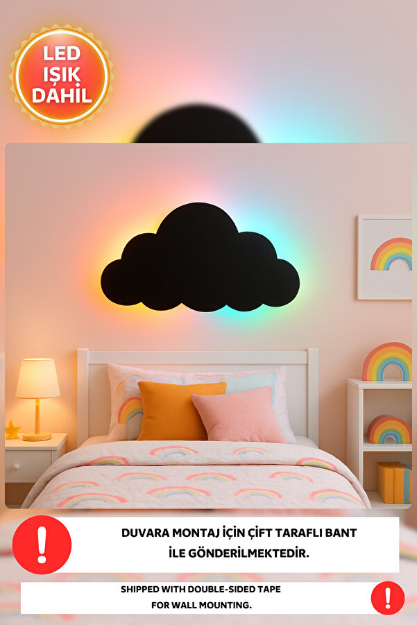 Dekorvin 1 Adet Bulut RGB Gece Işıklı Ay Lambası Bebek Çocuk Odası Duvar Dekorasyonu Aydınlatma Ahşap Lamba