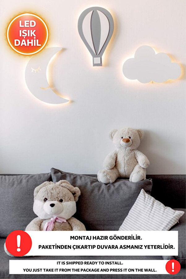 Dekorvin 3lü Set 1 Bulut 1 Ay ve 1 Balon Led Işık Gece Lambası Bebek Çocuk Odası Duvar Dekorasyon Ahşap Lamba