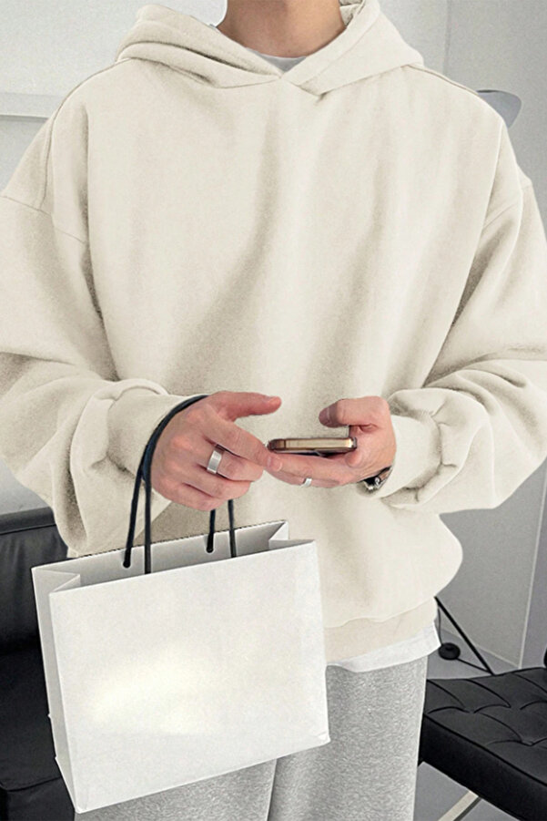 Unisex Oversize Bol Kesim Pamuklu 3 İplik Şardonlu İçi Polarlı Basic Bej Kapüşonlu Sweatshirt