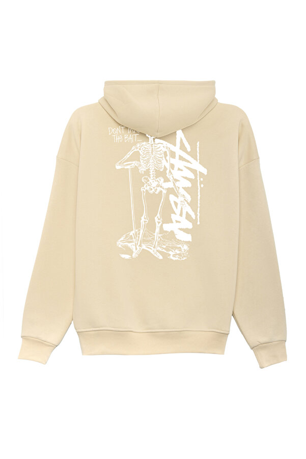 Unisex Stüssy İskelet Baskılı Oversize Bol Kesim Pamuklu 3 İplik Şardonlu Bej Kapüşonlu Sweatshirt