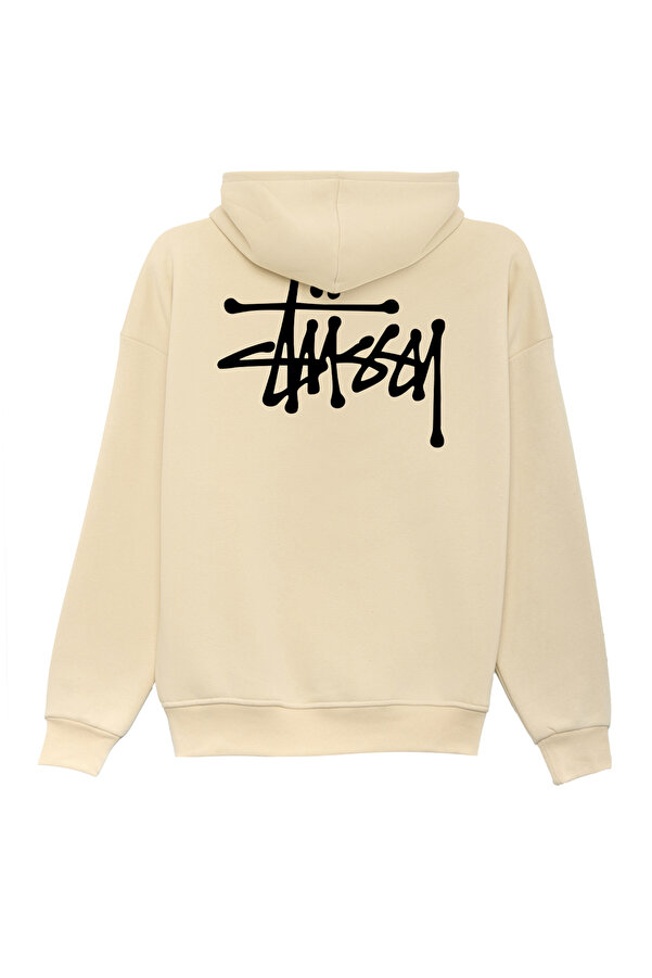 Unisex Stüssy Arka Yazı Baskılı Oversize Bol Kesim Pamuklu 3 İplik Şardonlu Bej Kapüşonlu Sweatshirt