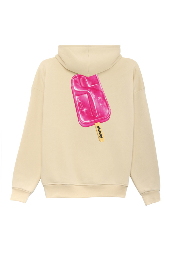 Unisex Stüssy Dondurma Baskılı Oversize Bol Kesim Pamuklu 3 İplik Şardonlu Bej Kapüşonlu Sweatshirt