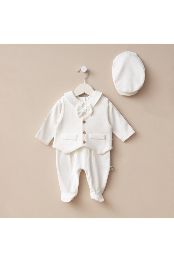 Minimus Yenidoğan Erkek Bebek Pamuklu Mevlüt Takımı Özel Gün 3’lü Yelek Şapka Patikli Papyonlu Tulum Takım