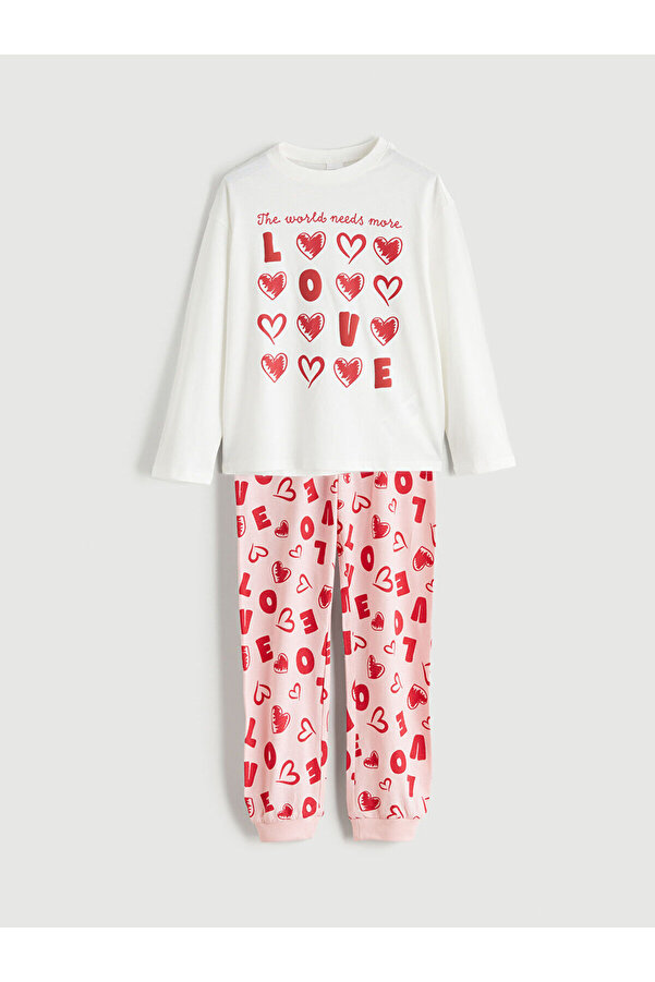 LC Waikiki Ekru Bisiklet Yaka Kız Çocuk Pijama Takımı