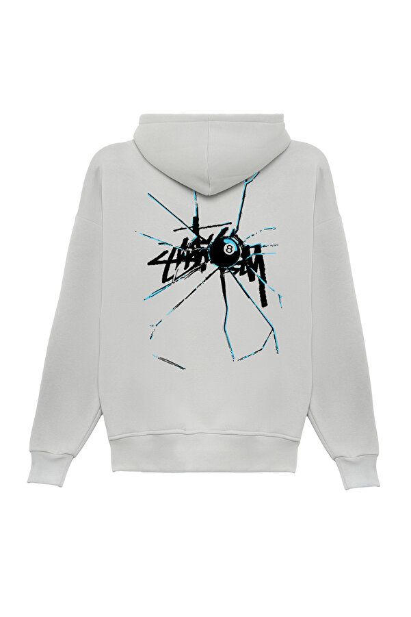 Unisex Kırık Cam Baskılı Oversize Bol Kesim Pamuklu 3 İplik Şardonlu Gri Kapüşonlu Sweatshirt