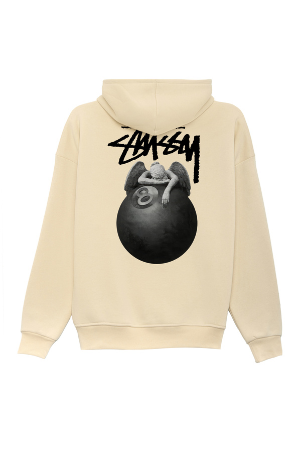 Unisex Melek Baskılı Oversize Bol Kesim Pamuklu 3 İplik Şardonlu Bej Kapüşonlu Sweatshirt RF0612