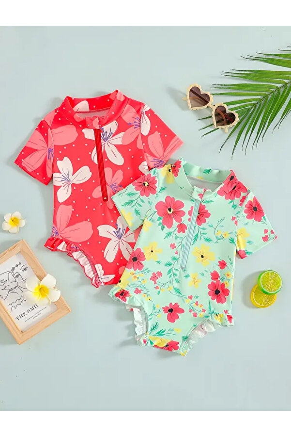 MODA Kız bebek çiçek desenli kısa kollu tek parça mayo, fermuarlı tasarım pembe veya yeşil