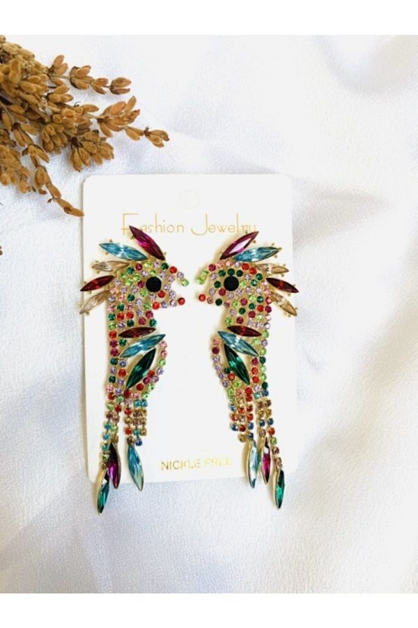 Fashion Jewellery Stainless Steel Nickel Free Design Earrings with Crystal Stones Parrot Figure Trendyol