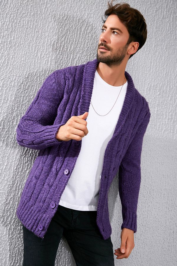 Sateen Men Cardigan Purple Slim fit Trendyol