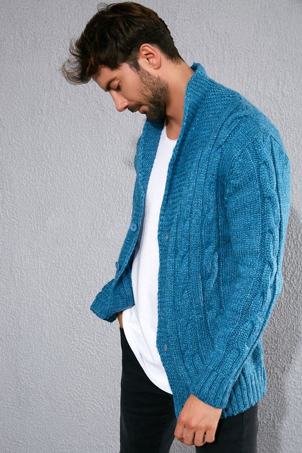 Sateen Men Cardigan Turquoise Slim fit Trendyol