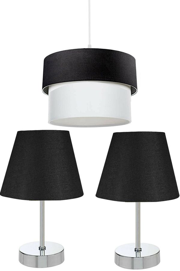 EvLight-Set of 3 Chandelier and Nightstand Chrome Lampshade / Black 1