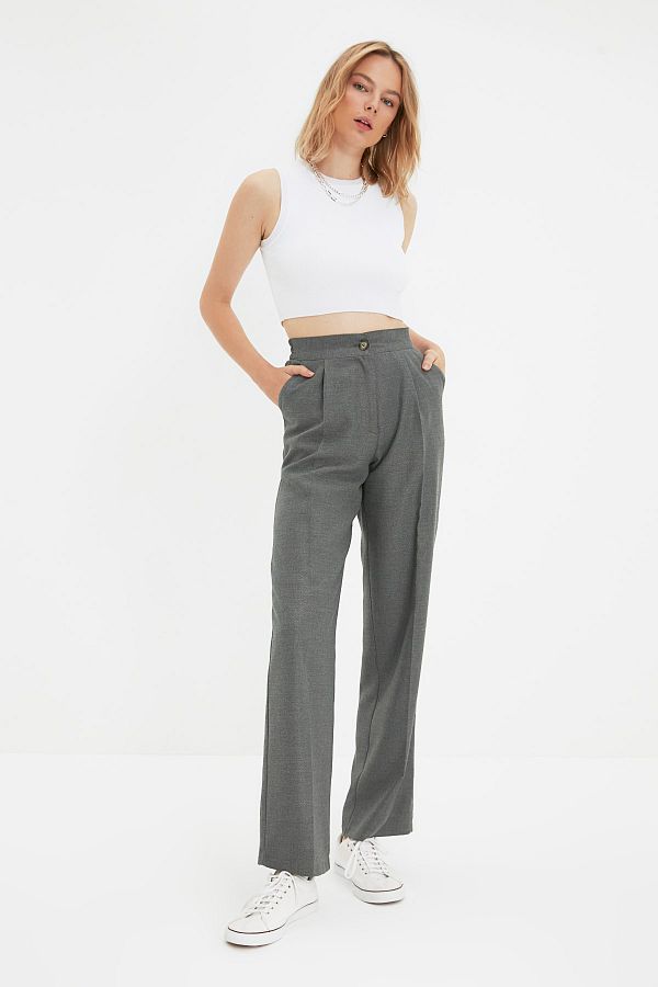 Trendyol Collection-Graue gerade/gerade geschnittene Hose aus gewebtem Stoff TWOAW22PL0321 1