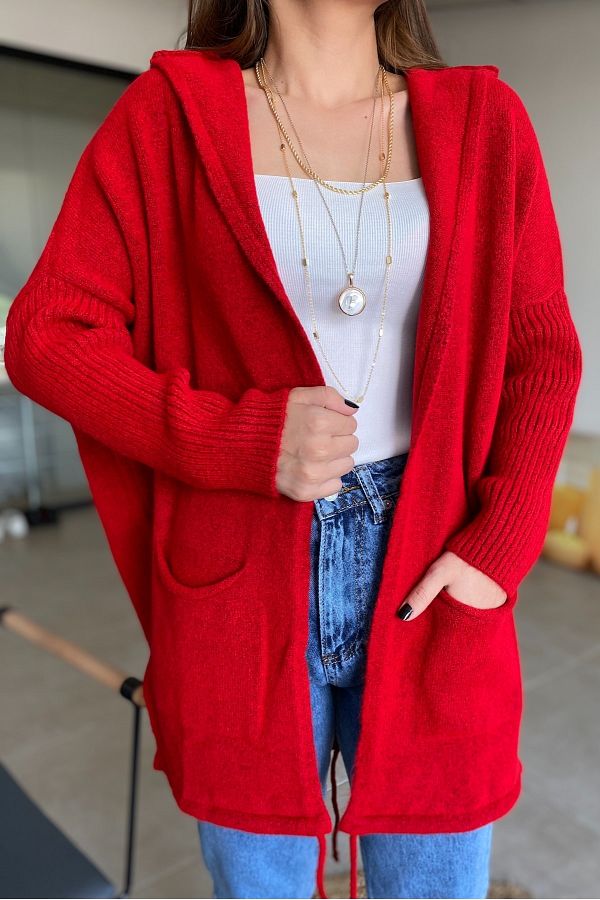 Ladies red cardigan with pockets top