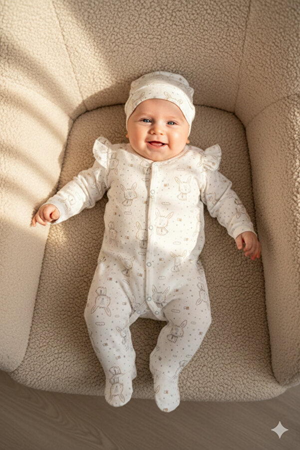 Miniday Baby Kız Bebek Baskılı Tulum Tavşan Yeni doğan %Pamuklu Hastane çıkışı Uyku Tulumu Çıtçıtlı Basıc 11