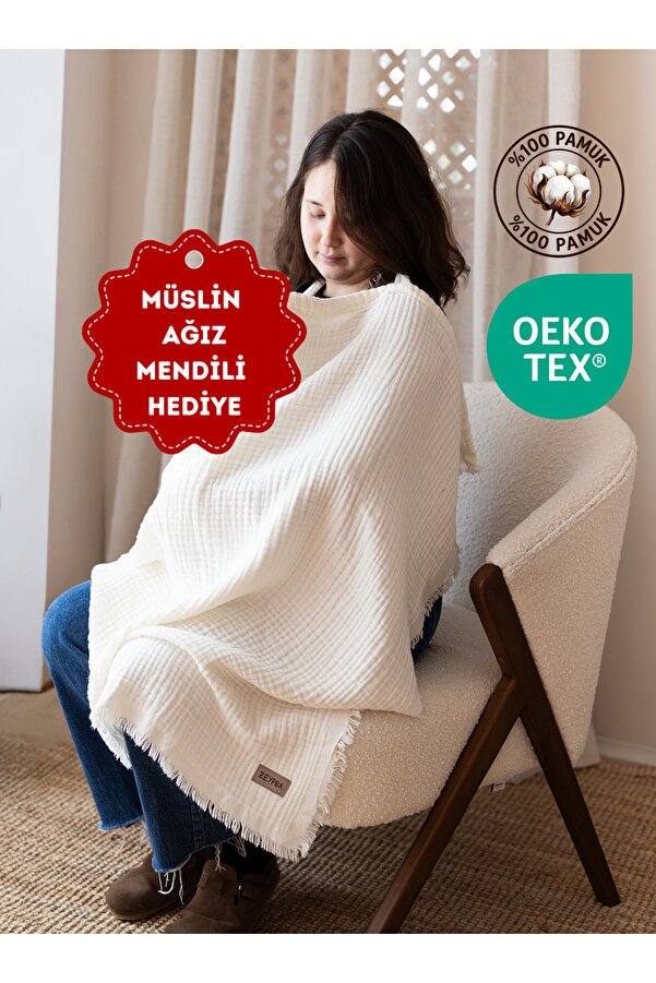 ZEYPBA Ekru 4 Katlı Müslin Emzirme Örtüsü & Puset Örtüsü Püsküllü 90x110cm