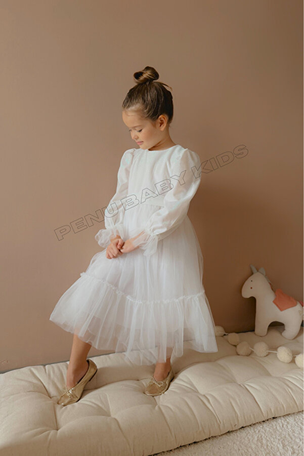 penu baby kids Beyaz Üstü Pırıltılı Kumaş Fırfırlı Uzun Etekli Uzun Kollu Kız Çocuk Kız Bebek Elbise