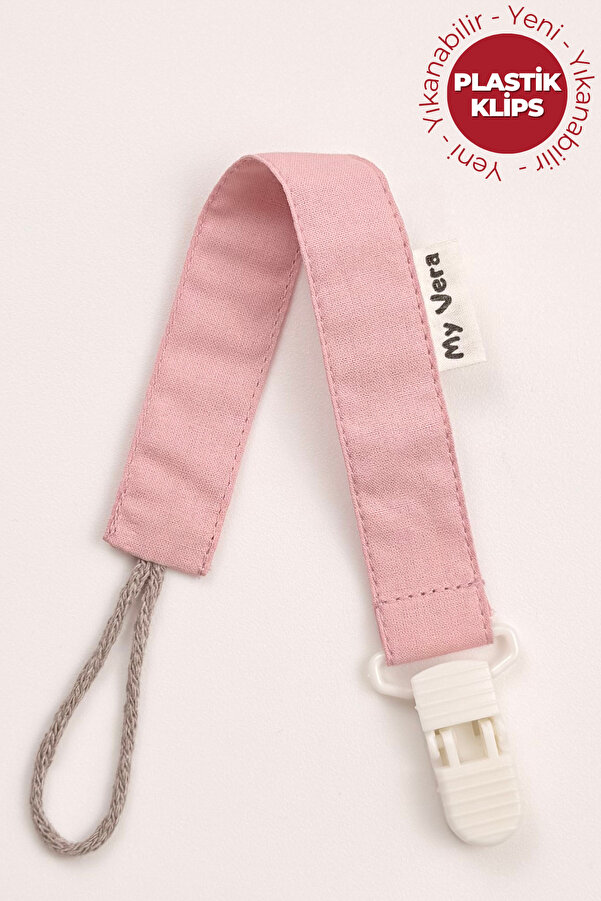 MyVera Pudra Emzik Askısı - Kumaş Pamuk Bağcıklı Emzik Zinciri - Pembe Emzik Tutacağı