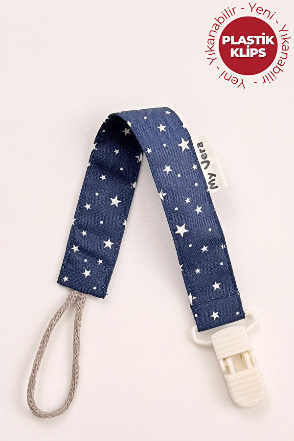 MyVera Yıldız Desenli Lacivert Emzik Askısı - Kumaş Pamuk Bağcıklı Emzik Zinciri - Emzik Tutacağı