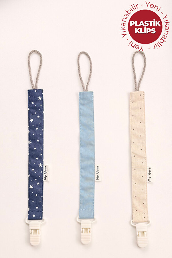 MyVera Lacivert Yıldız - Indigo - Vizon Puantiye Emzik Askısı Seti - 3'lü Emzik Zinciri Seti