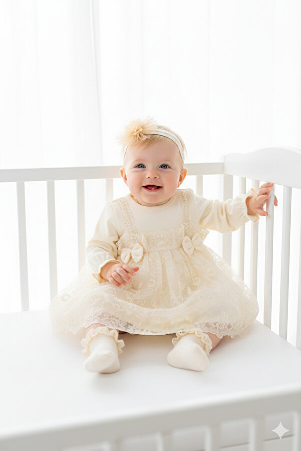 Miniday Baby Kız Bebek Mevlütlük Elbise Bandanalı Dantelli