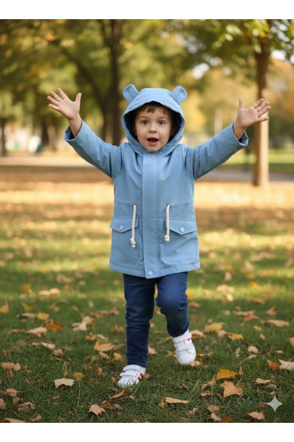 Orca Kids Fashion 2-8 Yaş Unisex Kapüşonlu Yağmurluk/Ceket Mavi