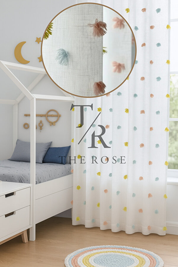 The Rose Perla Renkli Püsküllü Tül Perde, Çocuk Odası, Unisex, Sık Pile