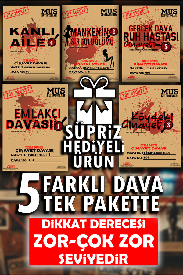 MUS Kutu Oyunları 5 Farklı Dava Tek Pakette Dedektif Oyunu Katil Kim Suçlu Bulma Kutu Oyunu Zor Seviye Dava Dosyası