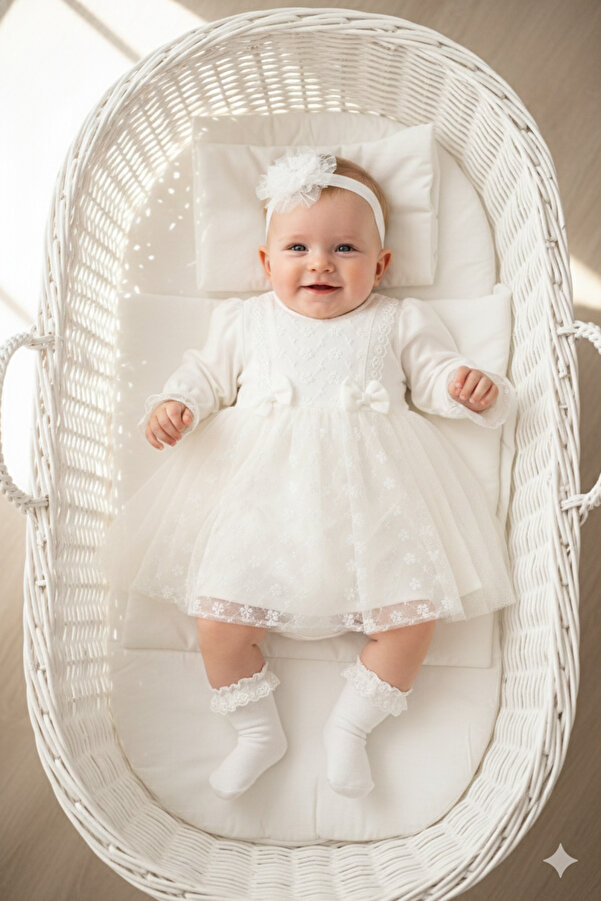 Miniday Baby Kız Bebek Mevlütlük Elbise Bandanalı Dantelli ELB1068