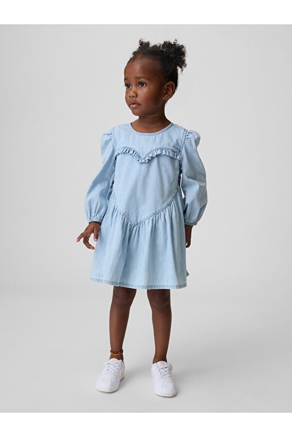 GAP Kız Bebek Mavi Denim Ruffle Heart Elbise