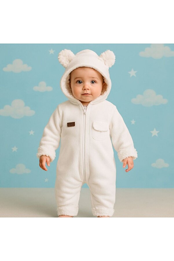 BY TUNA DESİGN Kapüşonlu Ayıcıklı Bebek Astronot Tulum – Fermuarlı, Polar, Unisex, Kışlık