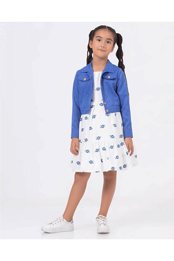 Ege Bebek Kız Çocuk Keten Bolerolu Askılı Çiçekli Elbise, 2-10 Yaş Çiçekli Bayramlık Elbise