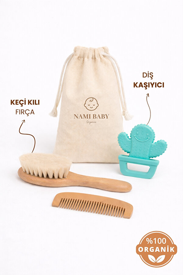 Nami Baby Keçi Kılı Bebek Saç Fırçası Seti - Keçi Kılı Fırça ve Silikon Diş Kaşıyıcı Set- Bebek Bakım Seti