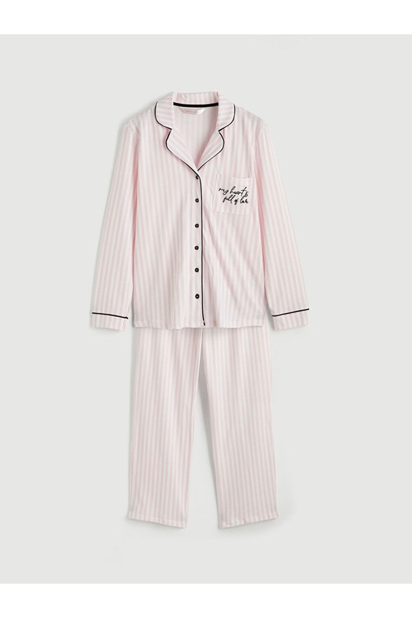 LC Waikiki New Season Sparkling Pieces from Esvab Ecru Shirt Collar Embroidered Women's Pajama Set